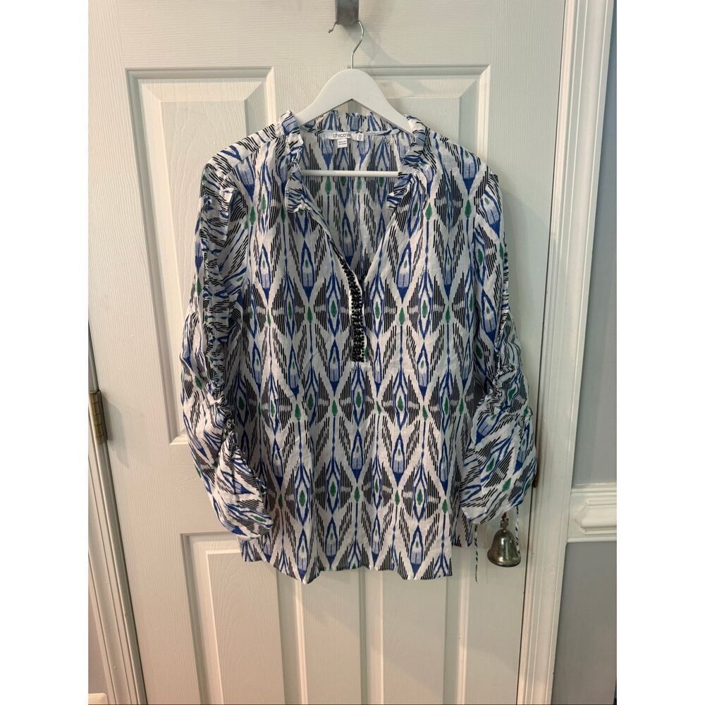 Chico’s Blue Green White Lyocell Blend Beaded Ruched Ruffle Sleeve Tunic Top sz